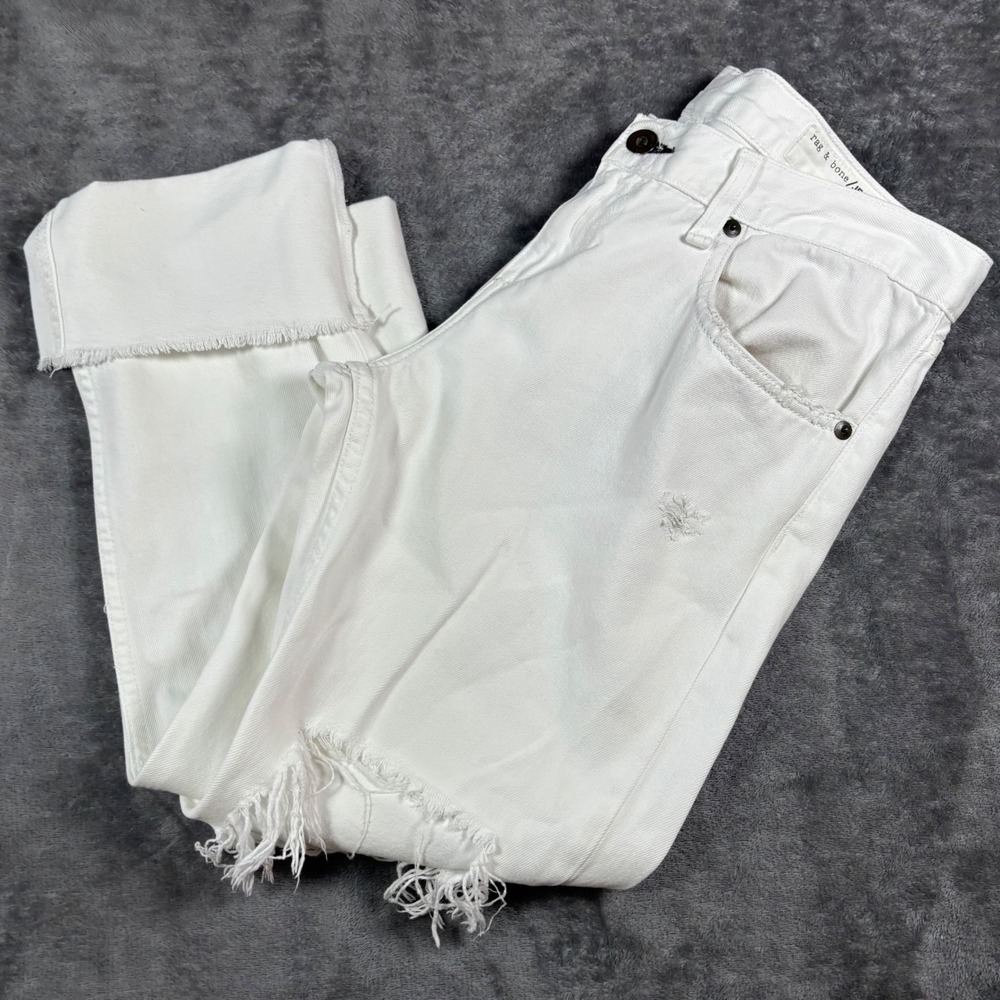 Rag & Bone JEAN Distressed White Straight Leg Jeans Size 26 Raw Hem Frayed Shred